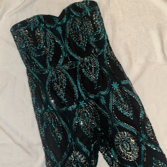 Boohoo Pants - BOOHOO Petite Teal & Sequence embroidered strapless jumpsuit